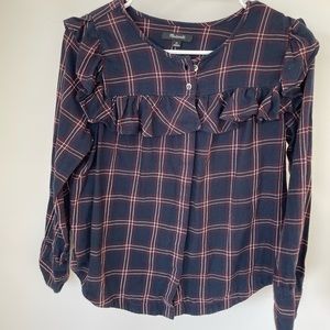 MADEWELL Flannel Plaid Blouse with Yoke Ruffle.